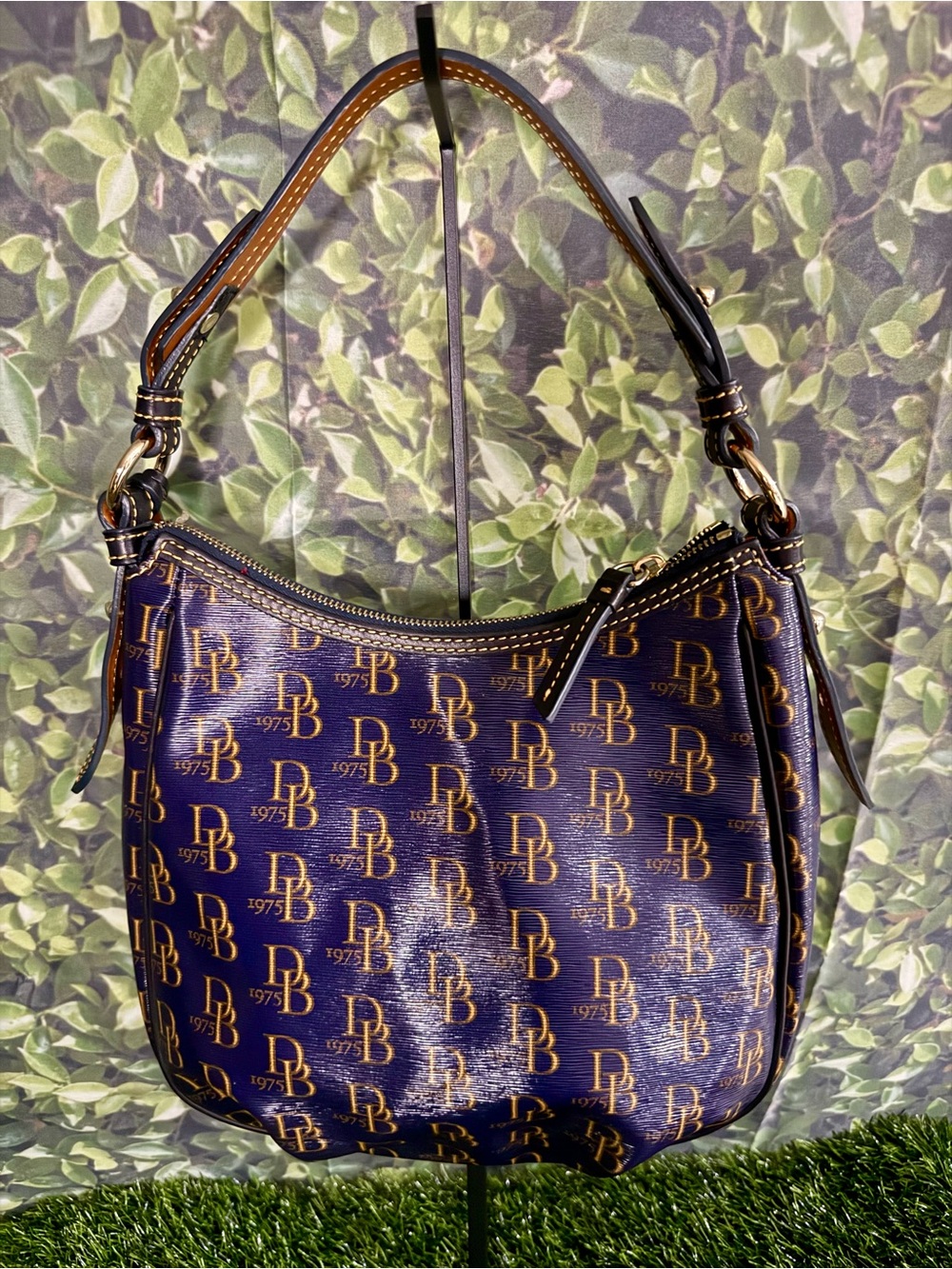 Dooney & Bourke Navy Blue & Gold 1975 Monogram Coated Canvas Hobo Bag